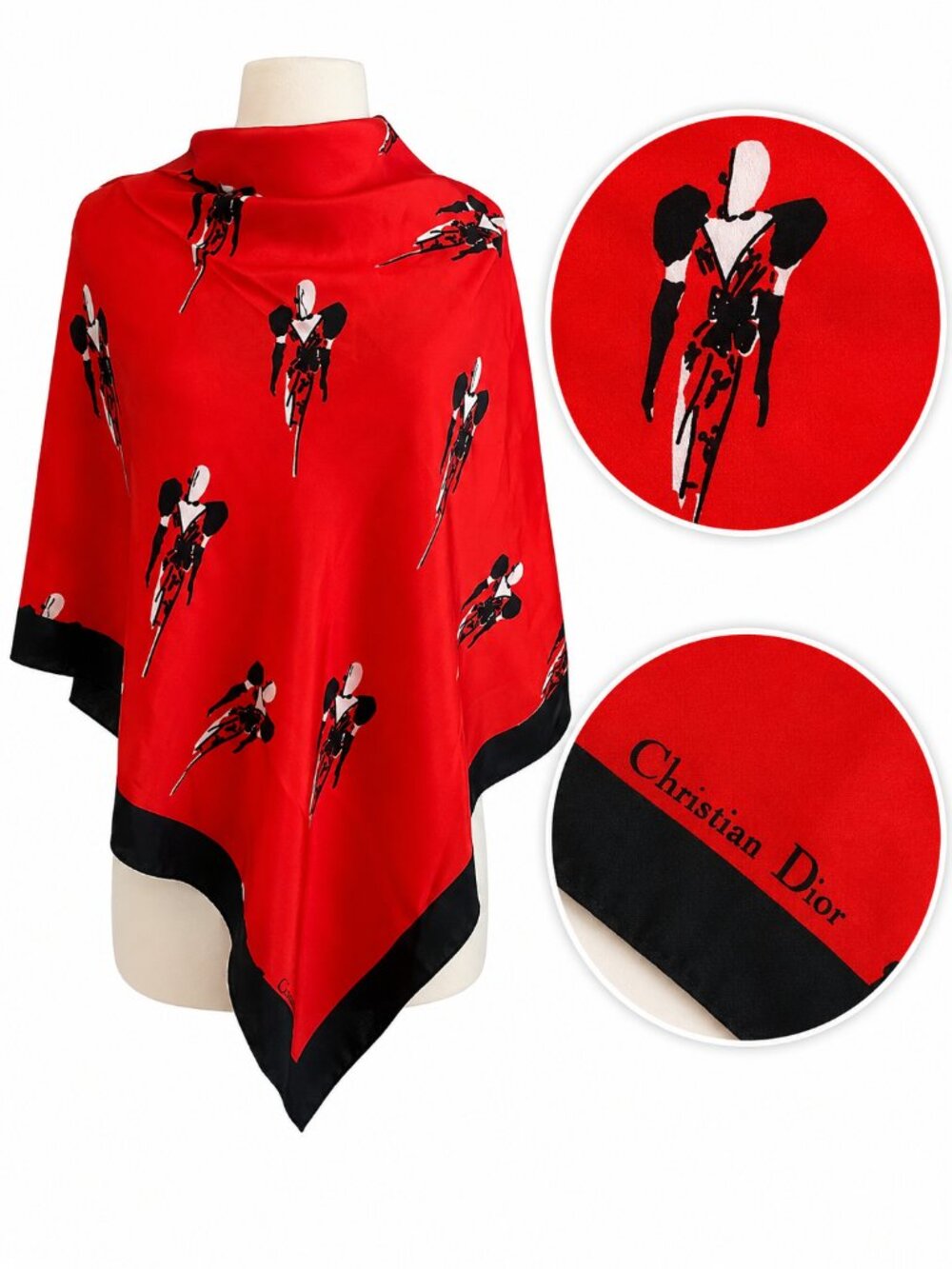 Vintage Christian Dior Silk Scarf Red Black White 50's Couture Evening Gown RARE